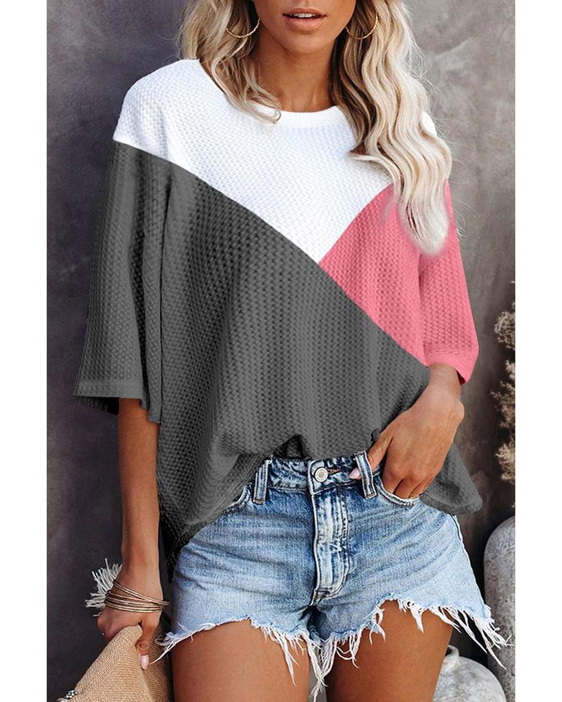 Azura Exchange Strawberry Pink Colorblock Waffle Knit Half Sleeve T Shirt