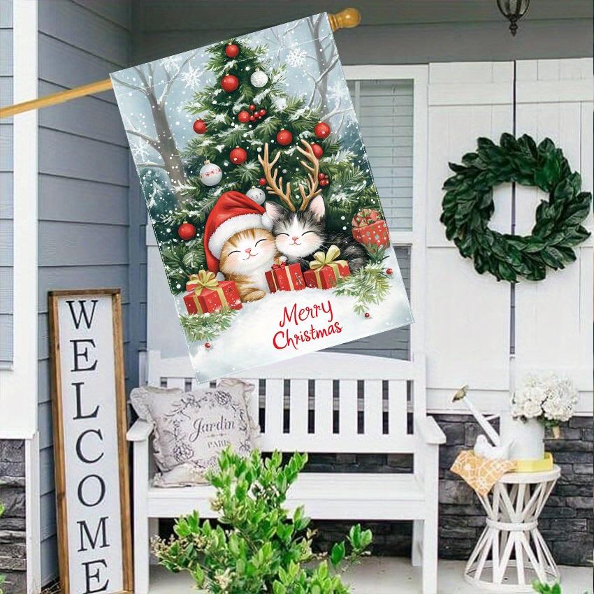 1pc, Christmas Cat Christmas TreeDouble-sided Garden Flag Yard Decoration, Outdoor Decoration, Lawn Decoration, Flag Only