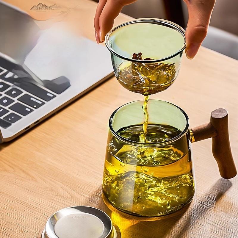 400ml Glass Tea Cup Walnut Anti Scald Handle Thickened Cup Chinese Far Mountain Design High Borosilicate Glass Tea Cup