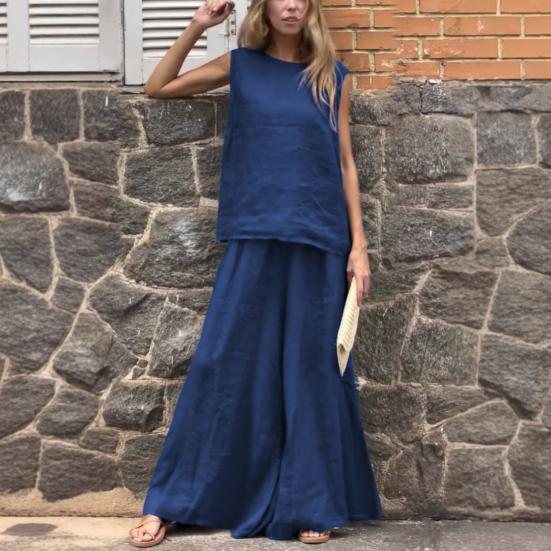 Женский летний комплект из 2 предметов: майка без рукавов, широкие брюки, повседневный комплект из льна и хлопка для отдыха на пляже