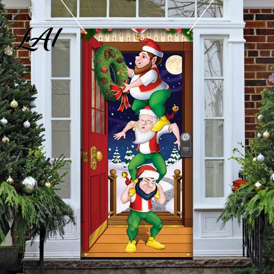Waterproof Door Cover Christmas Colorful Print Decoration Backdrop Santa Claus Design Front