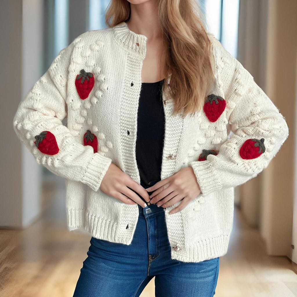 Осень и зима крючком вышивка объемная клубника жареные пончики жемчужная пуговица вязаный свитер кардиган пальто 3520 EMA