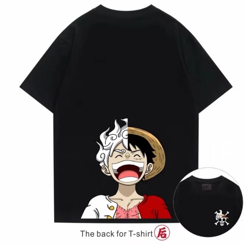 Heavy Cotton One Piece T-shirt Japanese Trendy Brand Animation Peripheral Straw Hat Nika Luffy Printed Men's Short Sleeves