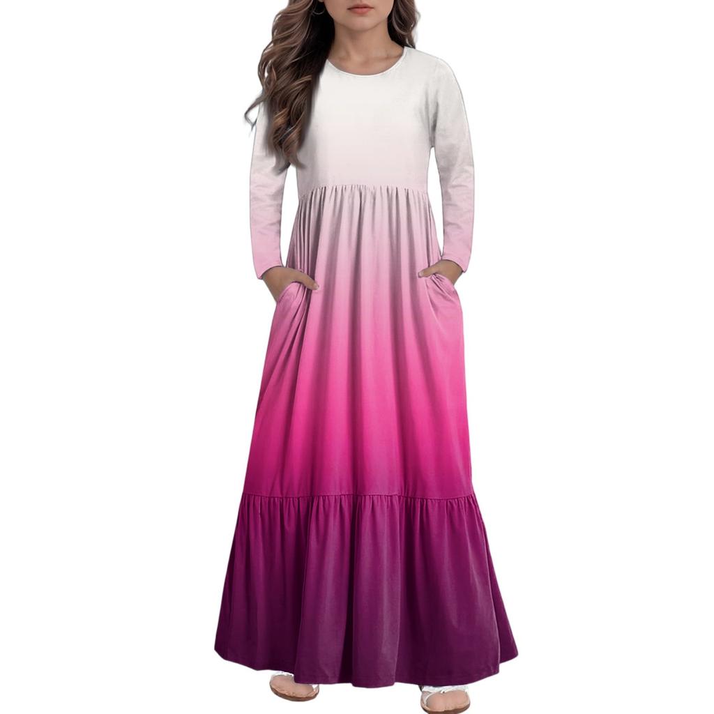 Girls' Maxi Dress Casual Holiday Dresses - Long Sleeve Dress With Pockets For 4-14Y