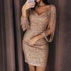 Women's Spring and Summer Long Mesh Sleeve Sequin O-neck Package Hip Dress Slim Party Dresses Lady Solid Color Plus Size Club Prom Dress