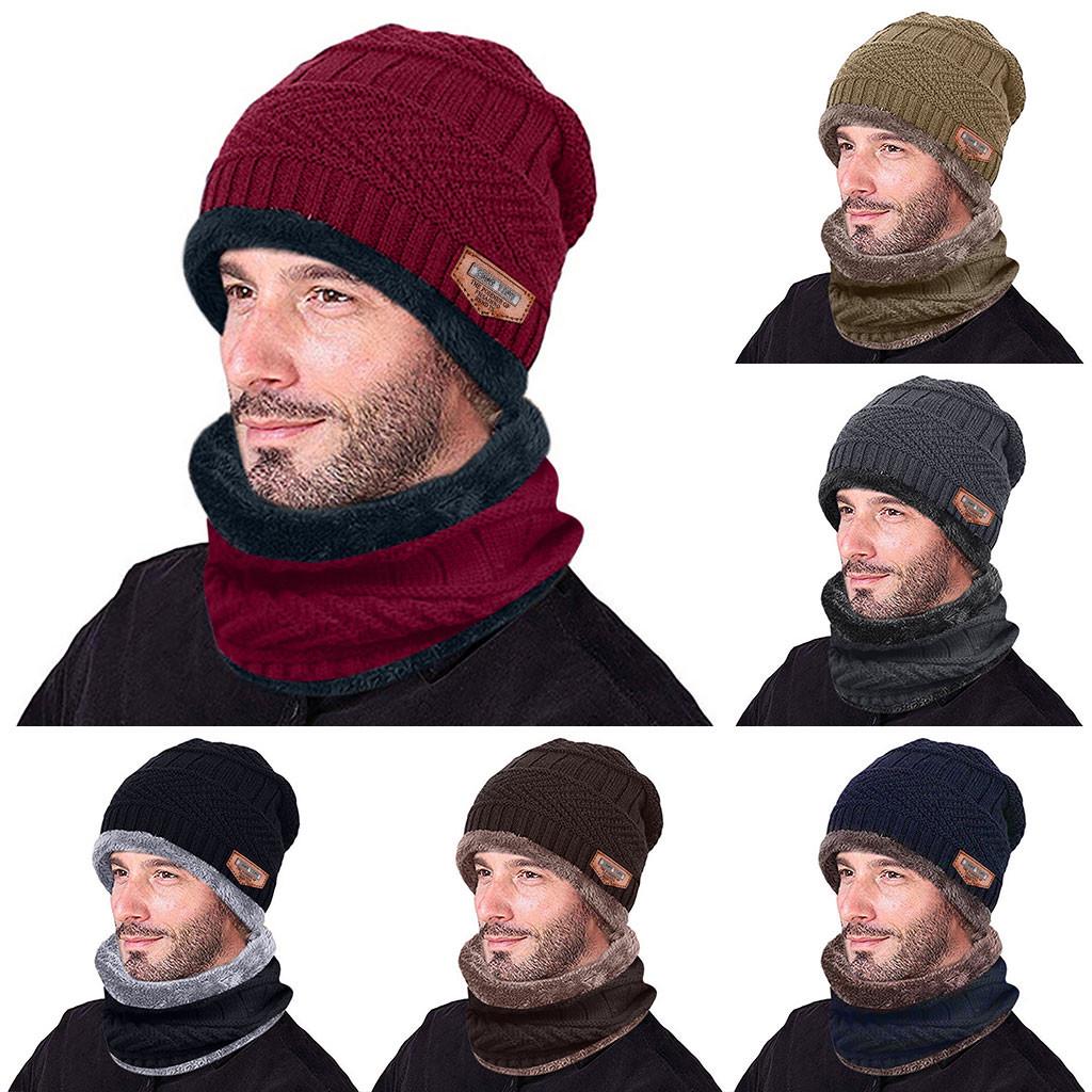 Men Warm Winter Thicken Hat And Scarf Two-Piece Knit Windproof Cap