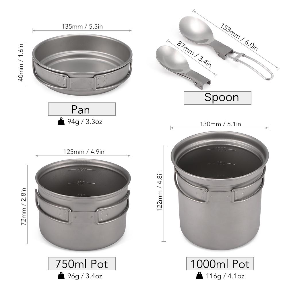 Camping Titanium Cookware Set 1000ml 750ml Pot Pan Spoon Set for Outdoor Camping Hiking Backpacking Picnic Cooking