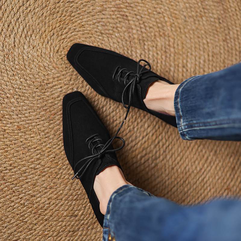 Krazing Pot Sheep Suede Autumn Winter Shoes Stiletto Med Heels Lace Up Size 43 Size 42 Pointed Toe Deep Mouth Pumps