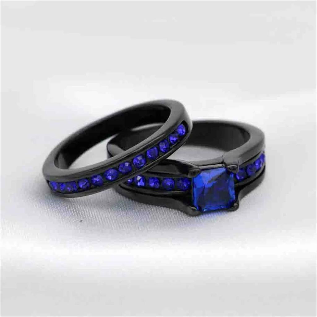 Fashion Couple Rings Romantic Women Blue Rhinestones CZ Rings Set Trendy Men Stainless Steel Rings Wedding Band Jewelry Gifts