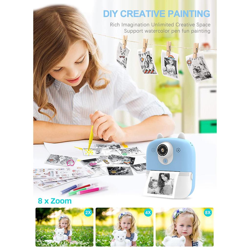 Multifunctional 3-in-1 Instant Print Camera Dual Front and Rear Cameras 1200W Pixels