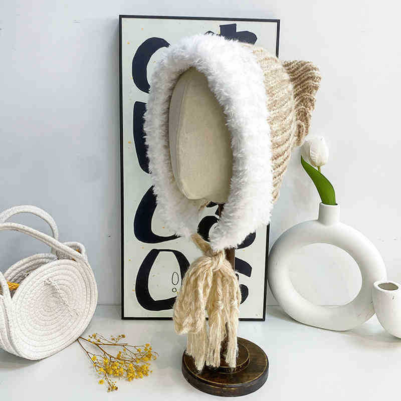 Cute Plush Knitted Hat with Cat Ears Big Head Circumference Face Showing Small Colorful Thick Woolen Contrasting Color Ear Protection Hat