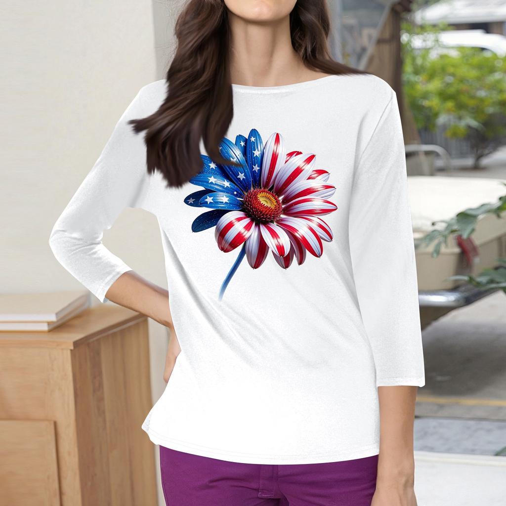 3/4 Sleeve Tops For Women T-Shirt Casual Print Tops T Shirt Round Neck Pullover Blouse