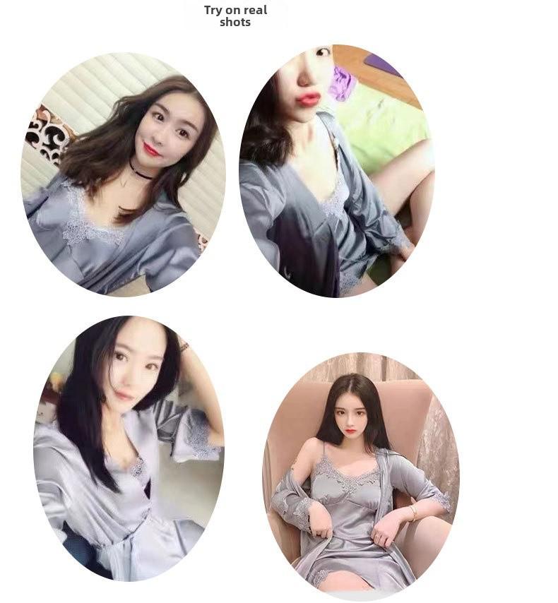 Женская пижама Ice Silk, комплект из двух предметов с нагрудной подкладкой, сексуальной ночной рубашкой и халатом - весна и осень