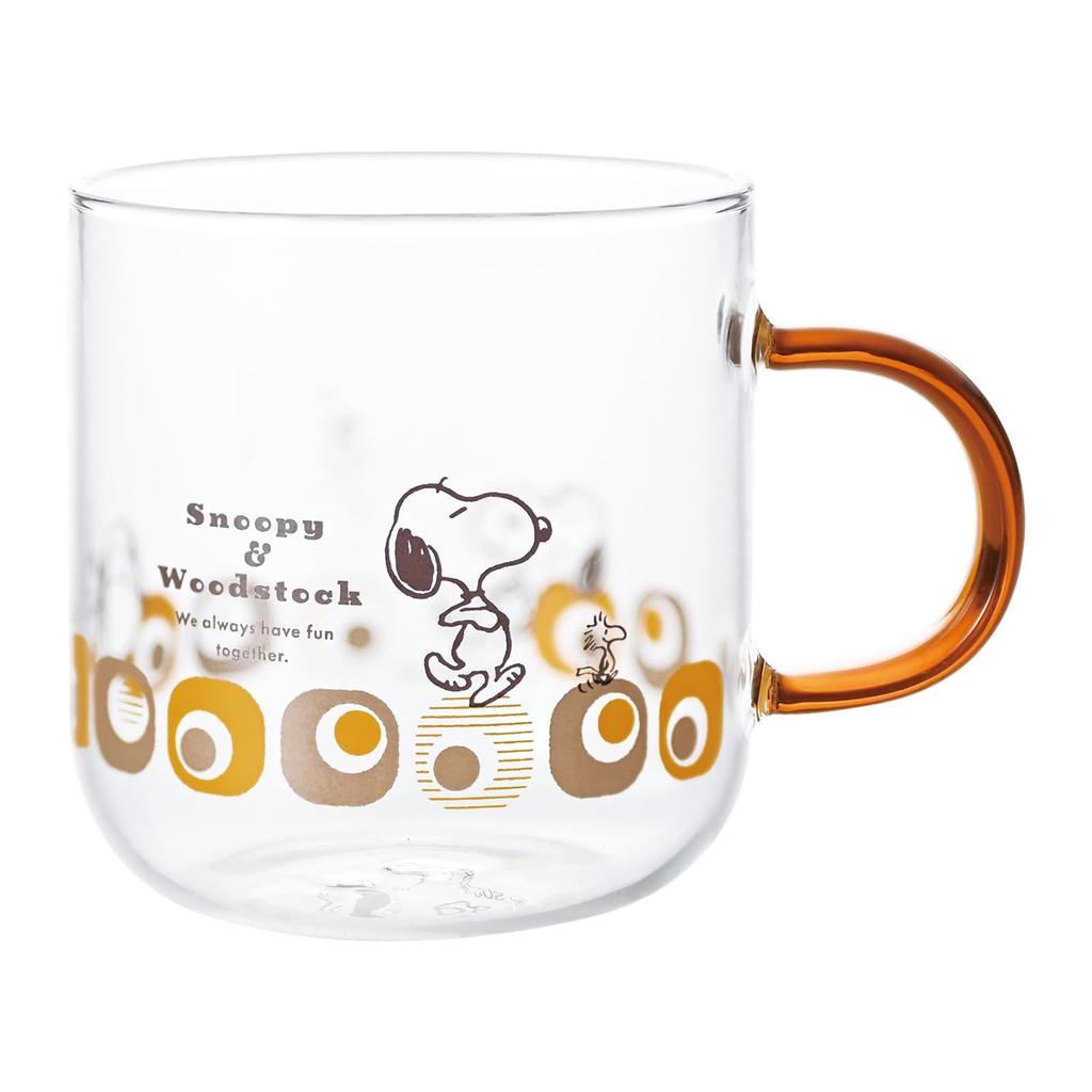 PEANUTS Snoopy Woodstock Стеклянный Цветной Кубик Сделано в 608141 & Термостойкая Кружка, Прибл.. 400 мл, Подходит для микроволновой печи, Ручка, Коричневый, Форма, Япония,