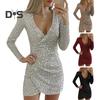 Весна Осень Женское Платье Глубокий V-образный вырез с пайетками Приталенный крой Длинные рукава Приталенный крой Нерегулярные плиссированные вечерние Клубные Короткие Платья Для Выпускного Вечера Мини Платье