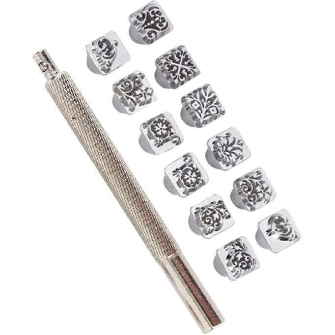 12 шт. Инструменты для тиснения кожи, 12 узоров Цинковый сплав Штампы для кожи Набор инструментов для пробивки, Цветочный дизайн Штамп для кожи для кожаного ремесла DIY Ювелирные изделия