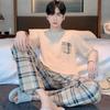 Мужской пижамный комплект больших размеров Весна и Лето Клетчатый Однотонный Молодежная одежда для сна Домашняя одежда Топы и Брюки Ночная одежда Одежда для отдыха