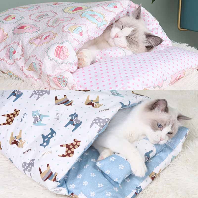 Японская кошачья кровать, теплые спальные мешки, пещеры для глубокого сна, зимний съемный домик для кошек, кошачье гнездо, подушка с подушкой