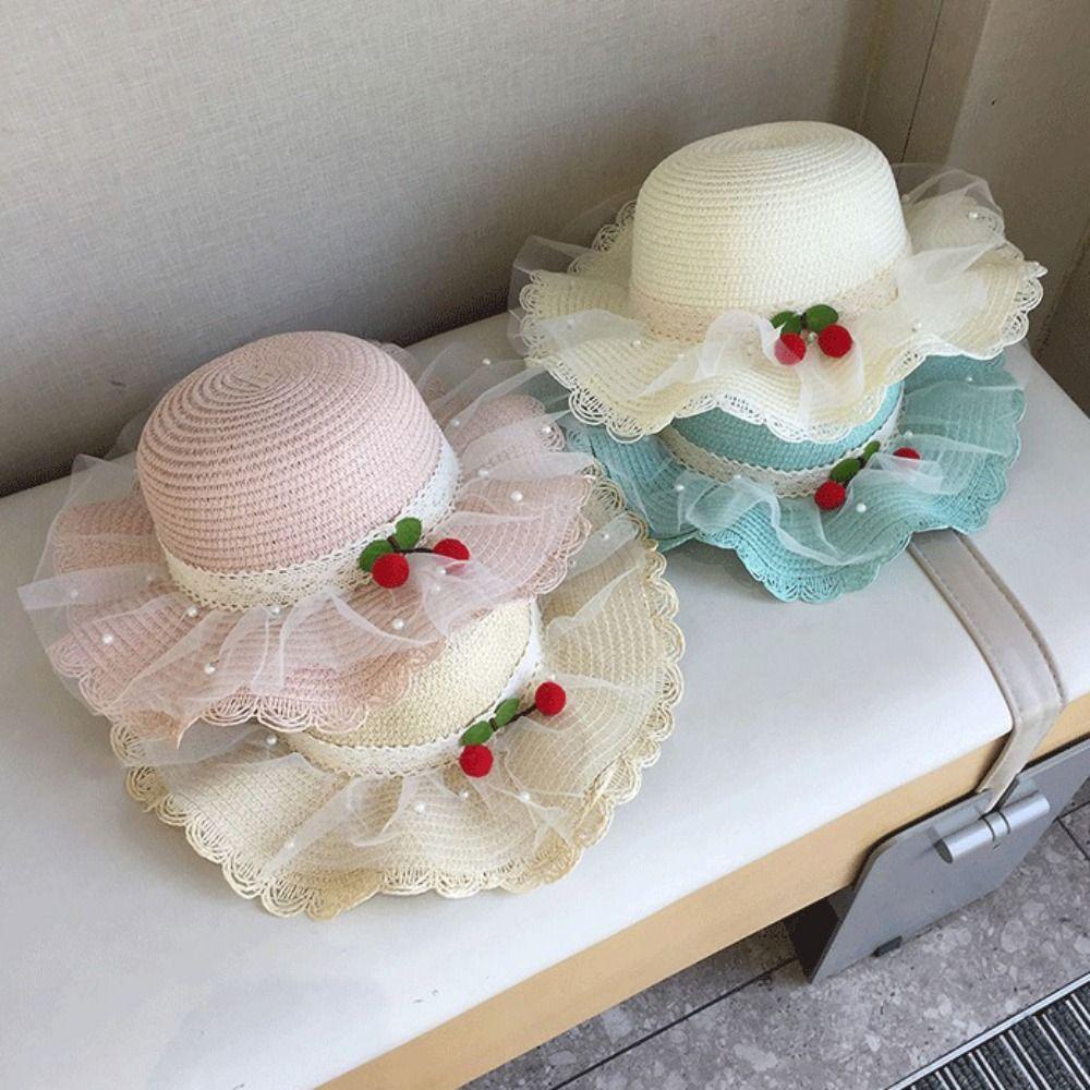 Wide Brim Kids Sun Hat Pearl Decoration Beach Hat Cute Style Straw Hat Girls Accessories