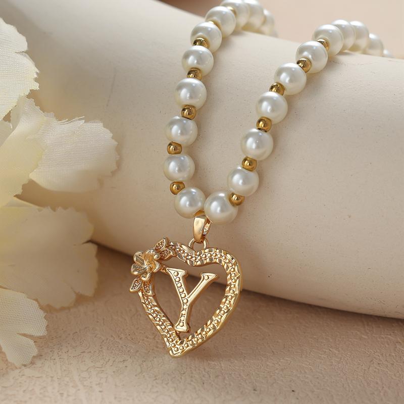 Винтажные цветочные буквы сердечки кулон ожерелья для женщин роскошные искусственные жемчужные цепочки ожерелья корейские ювелирные изделия подарки