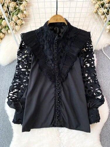 Винтажная блузка в стиле суда для женщин, с воланами, ажурные кружевные лоскутные рубашки с длинными рукавами-фонариками, женские блузки, Прямая поставка
