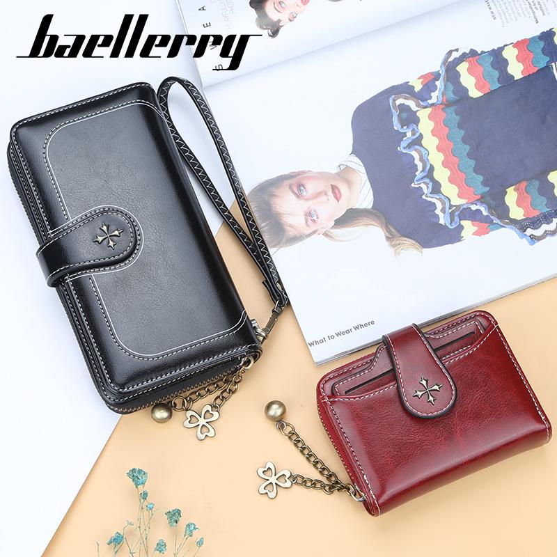 Baellerry Women's Four Leaf Clover Long Purse Multifunctional Wallet Pu Leather Card Holder Snap Button Billfold Fashion Cell Phone Bag with Lanyard