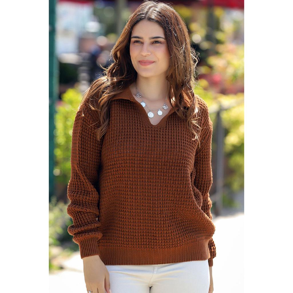 V Polo Neck Thessaloniki Rice Knitted Long Sleeve Comfortable Fit Winter Thick Knitwear Knitted Sweater