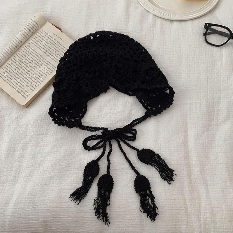 Fashion Handwoven Hollow Baotou Hat Women'S Crochet Ethnic Style Tassel Ear Protector Strap Sleeve Knitted Hat