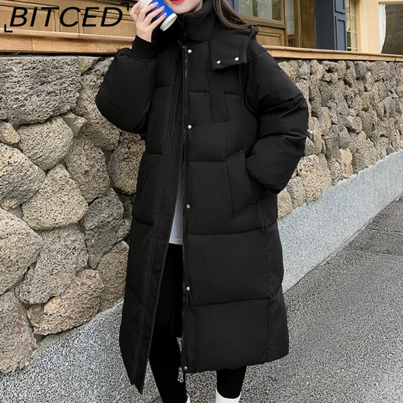 BITCED Long Down Jacket with Quilted Cotton Lining - Women's Loose-Fit Winter Coat - Thickened Cotton-Padded Outerwear