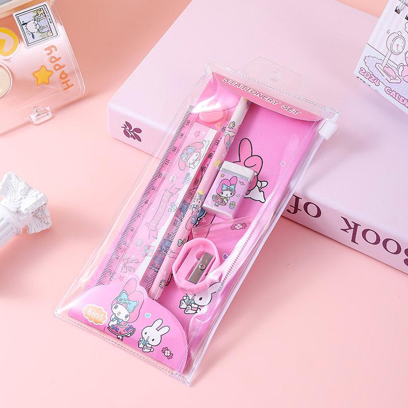 Мультяшный набор канцелярских принадлежностей Sanrio 5 в 1 Аниме Куроми Май Мелоди Синнаморолл с линейкой, карандашом, ластиком для школьников, подарки