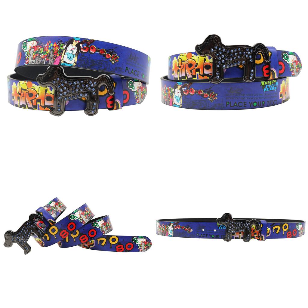 Собака Стразы Пряжка Гладкая Пряжка Принтованный Граффити Повседневный Персонализированный Ремень Ремень Универсальный В Европе и Америке