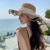 Breathable Wide Brim Sun Hat Pearl Fisherman Sunshade Cap Vacation Lace Streamers Straw Hat  Travel