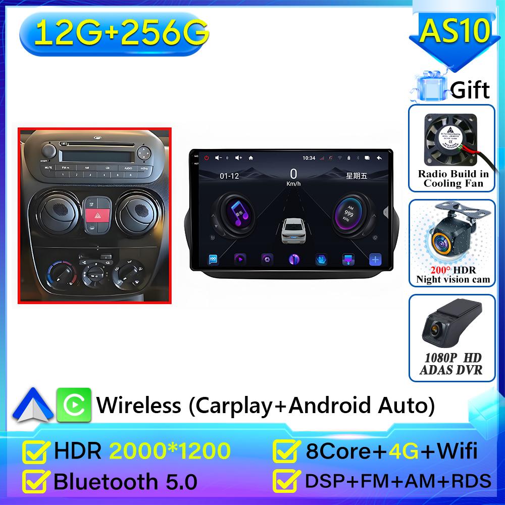 Autoradio Android 16 pour Fiat Fiorino Qubo 2008-2017, pour Citroën Nemo 2008-2017, pour Peugeot Bipper 2008-2017, Carplay 4G, sans 2din