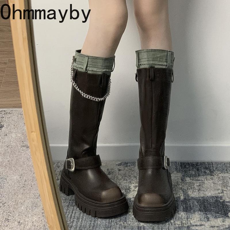 Fashion Platform Women Knight Knee High Boots Fashion Slip On Belt Buckle Long Boots Autumn Winter Women's Thick Heel Shoes