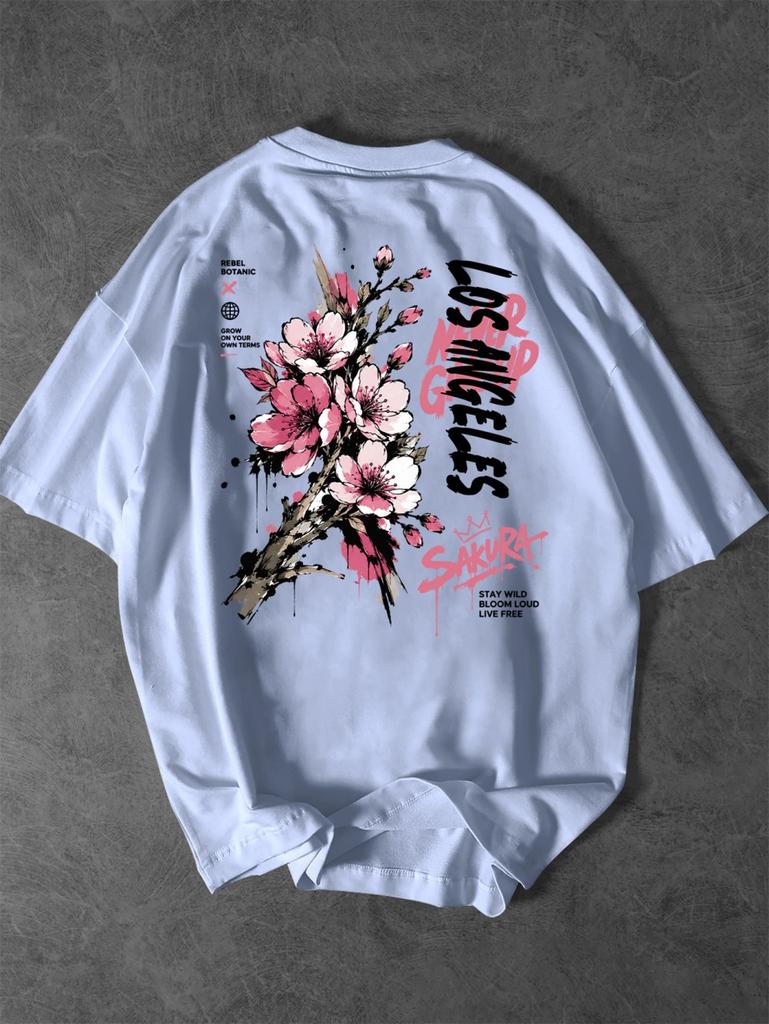 American Unisexs Summer Fashion Los Angeles Letter Cherry Blossom Print Soft And Breathable Round Neck Tshirt Outdoor Casual Top