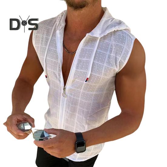 3D Cutting Vest Top Drawstring Модная летняя спортивная толстовка без рукавов с капюшоном