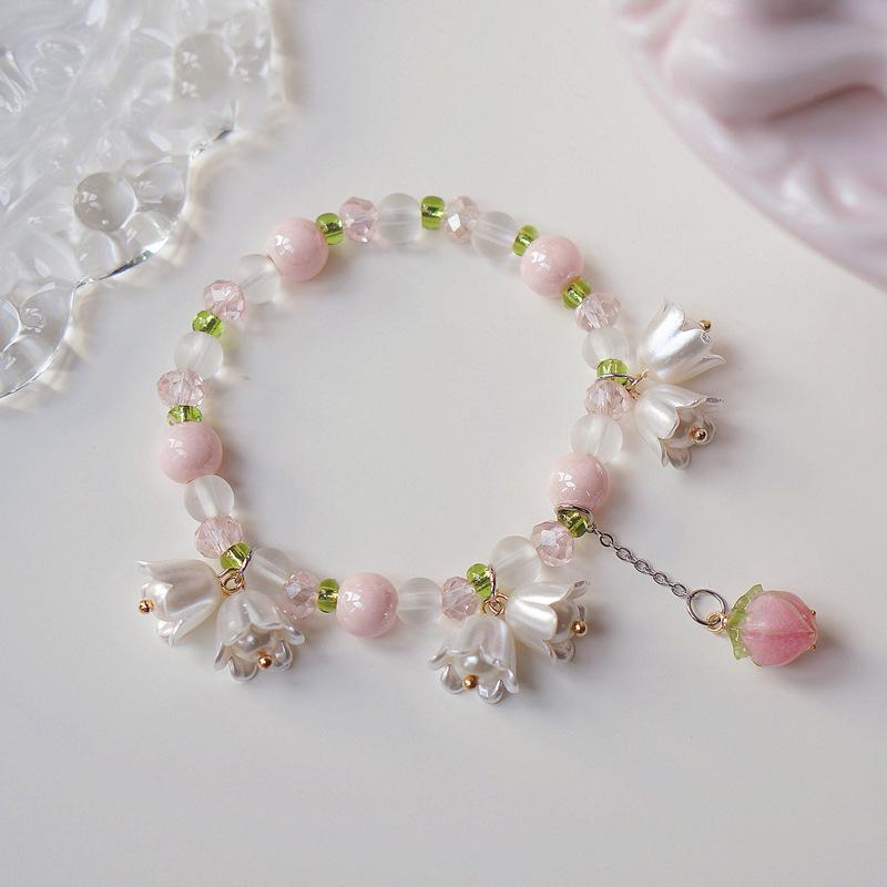 Милый винтажный браслет с жемчужным цветком лилии для женщин, корейский милый розовый браслет с кисточкой, ювелирные изделия