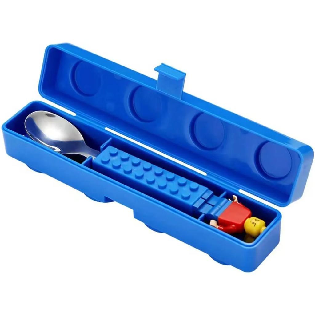 Building Block Cutlery Spoon Set Blue and Red Set Toddler Cutlery and Building Block Toy Spoon and Fork Box Easy To Clean