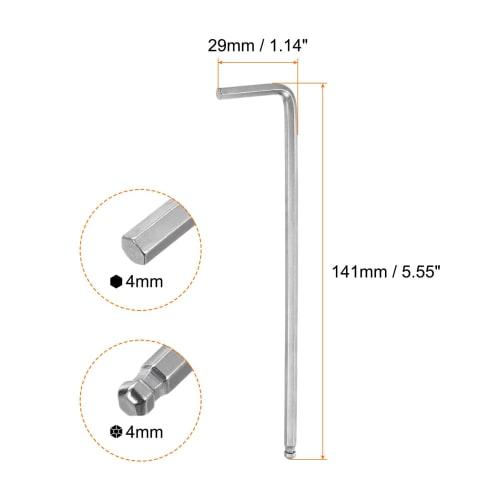 uxcell 4mm Ball Hex Wrench, L-Shaped Hex Key Wrench Set, Long, 141mm Total Length, Set of 4, Easy to Apply Force, For Tightening, DIY Tools