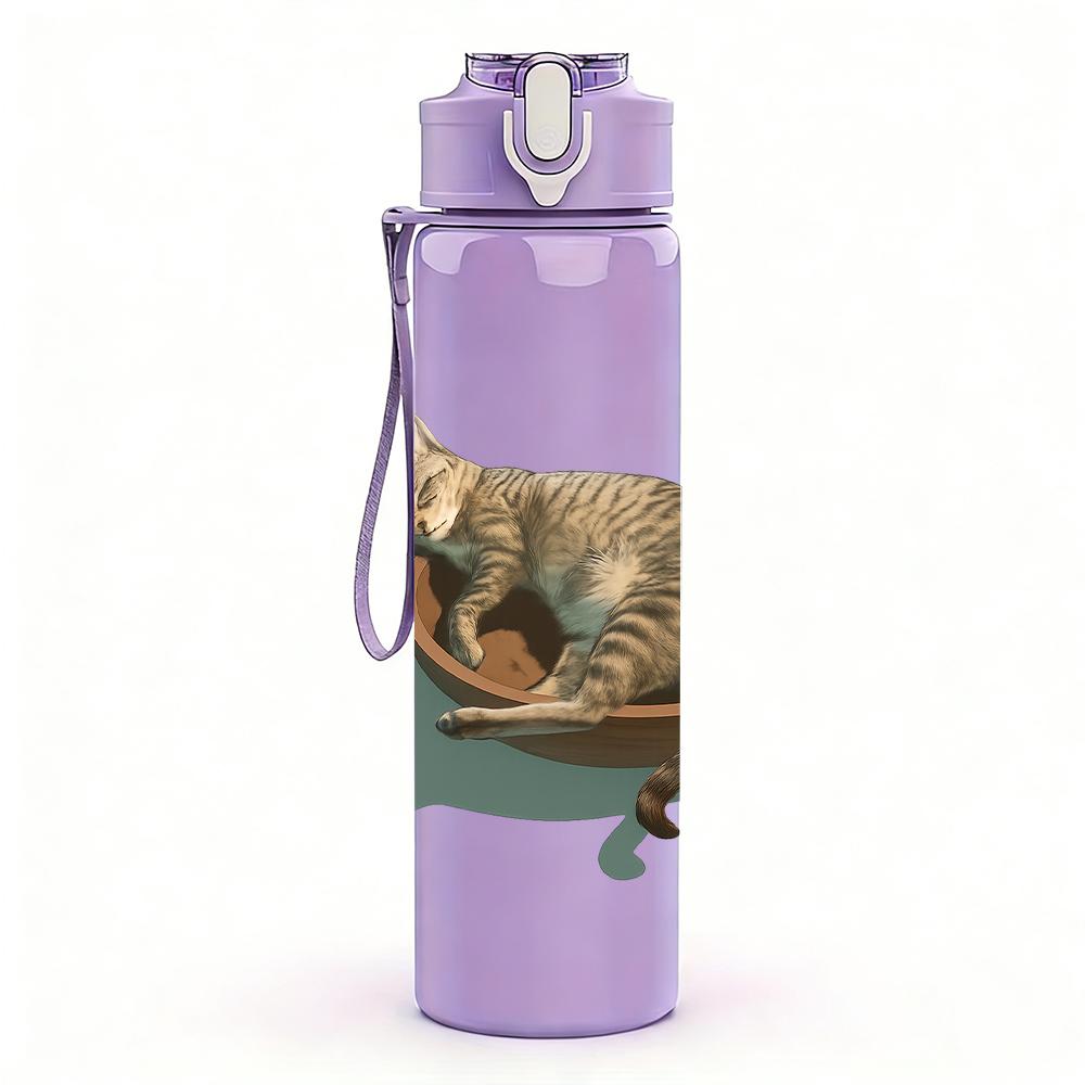1PC Cat Curled In Wicker Basket 750ml Color Plastic Sports Water Bottle Leakproof Flip Straw Lid Suitable for Sports Office Home Use
