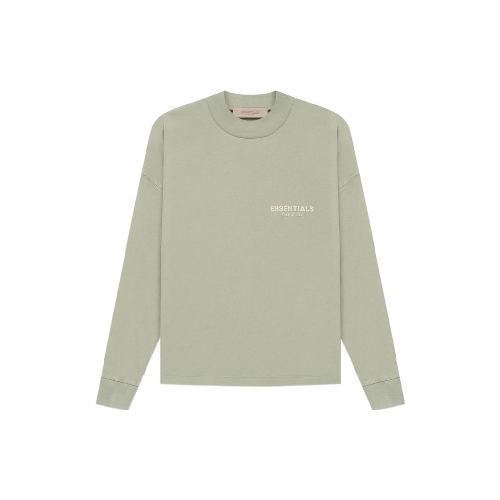 Fear of God Essentials Мужская футболка с длинным рукавом SS22 с флокированным логотипом на груди Топы Морская пена Серо-зеленый FOG-SS22-144