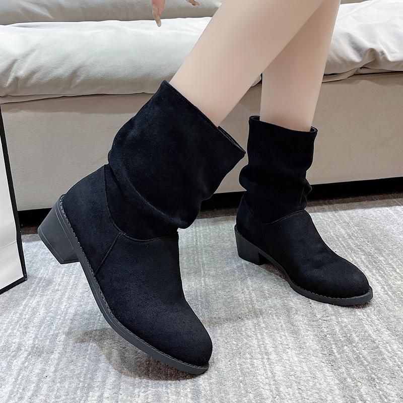 Fashion 2024 Winter Women's New Western Boots Fashionable Thick Heel Slip-on Ankle Boots Women's Outdoor High Heel Mid-calf Boots