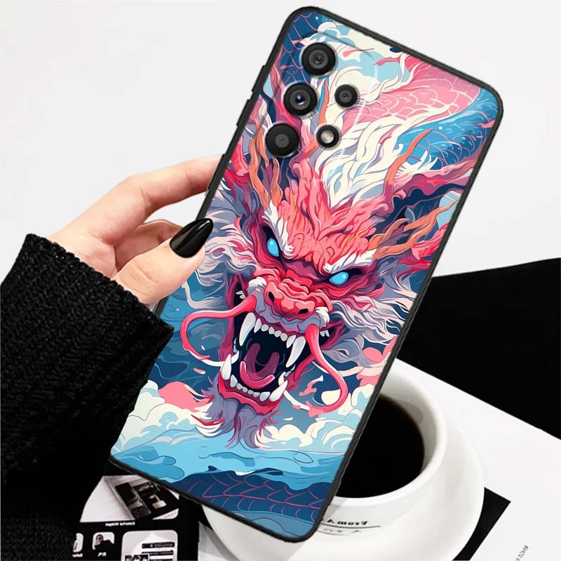 Дизайн с драконом в стиле аниме для Samsung A73 A72 A71 A55 A54 A53 A52 A51 A13 A22 A16 A15 A12 A14 A26 A07 5G Черный чехол для телефона