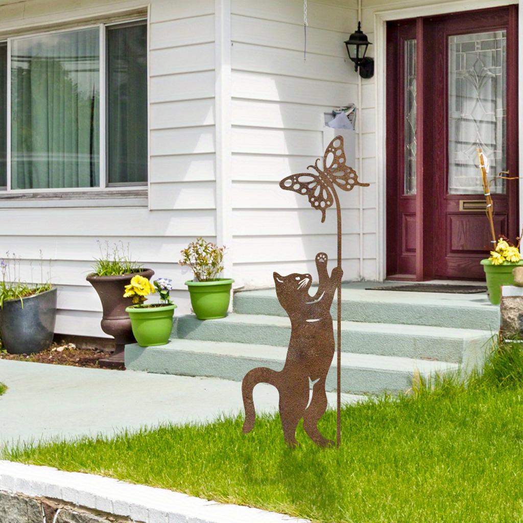 1Pc Rust-Colored Cat Garden Ground, a Fun Outdoor Decoration for Lovers, with Cat and Butterfly Design, Suitable for Muawn Art.