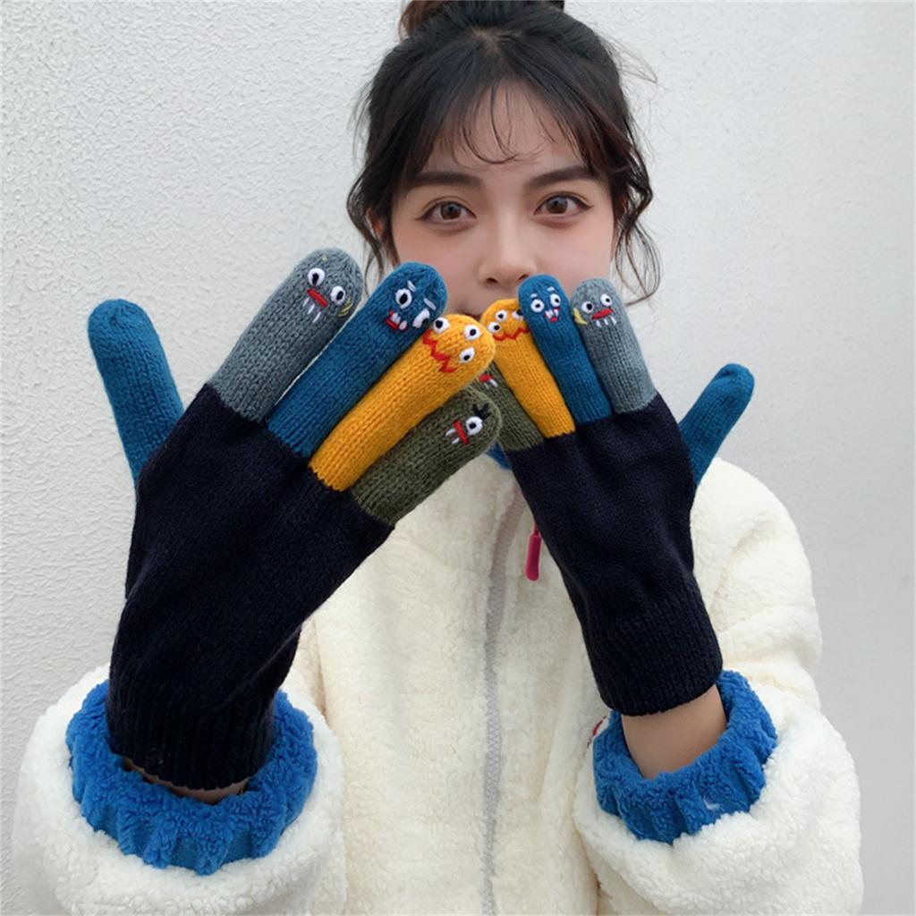 Забавный узор с инопланетным выражением, вязаные перчатки, зимние варежки с полными пальцами, утолщенные теплые рождественские велосипедные перчатки для девочек