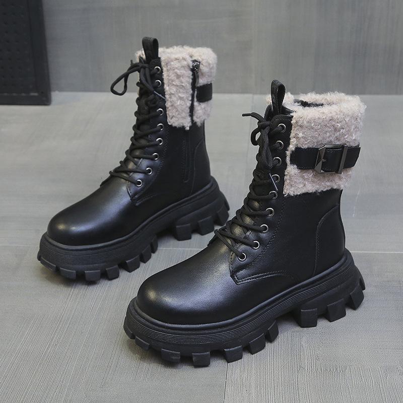 Мягкие кожаные бархатные хлопковые ботинки женские 2025 зима новые ретро на толстой подошве черные короткие ботинки подошва-маффин пушистые ботинки ботинки Мартин