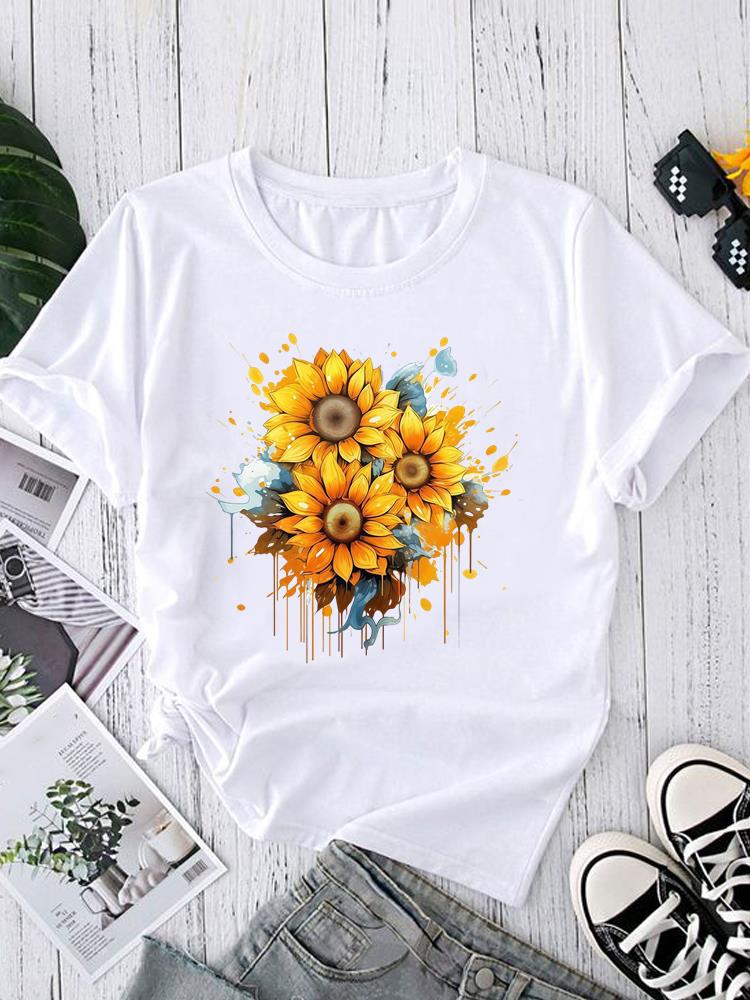 (Азиатский размер) letter flower trend 90-х Футболки с коротким рукавом Женский топ Принт Круглый вырез Модный Женский Повседневный Футболка Одежда Графическая футболка