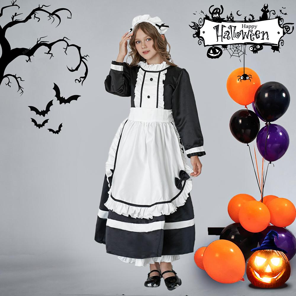 Черный костюм для косплея для девочек с повязкой на голову, платье горничной в стиле Лолиты, винтажные наряды, платье в стиле аниме для девочек на Хэллоуин, платье с длинными рукавами