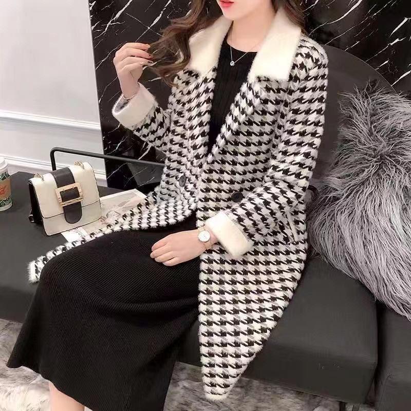 New Arrival High-end Women's Dark Mink Cashmere Overcoat with Thickening Design, Autumn and Winter Korean-style Fashionable Houndstooth Jacket