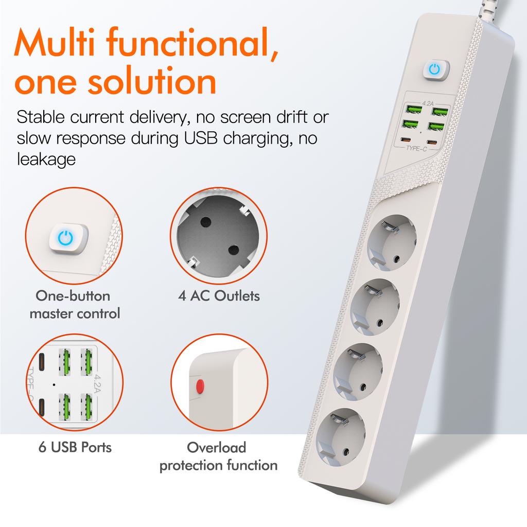 Сетевой фильтр с вилкой EU, защита от перегрузки, розетка-мультиразветвитель с 4 розетками переменного тока, 4 портами USB-A, 2 портами USB-C, сетевой фильтр для дома